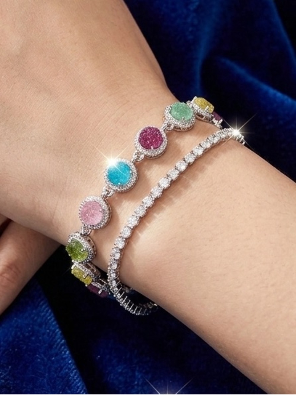 New Multicolor Candy Tennis and Dainty Clear Bracelet Duo - Silver
